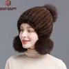 Chapeau d'hiver en vraie fourrure de vison pour femmes, tricoté en fourrure de vison, bonnet chaud, bonnet en spirale avec pompon en fourrure de renard sur le dessus, 240202