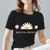 T-shirts Femmes XXS-3XL Femmes Summer Print T-shirt Marguerites Modèle Série Femelle Tee Noir All-Match Dames O-Cou Tops Vêtements Drop