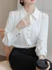 女性用ブラウスQoerlin White Shirts Long Sleeve Tops Satin Office Ladies Elegant WorkWear 2024ファッションボタンアップ女性ブルーS-XL