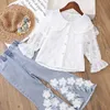 Flickor Set Spring and Autumn Childrens New Lace Long Sleeved Shirt and Pants Two Piece Set Youth Girls Jeans Set 3 5 8 10 13y 240218