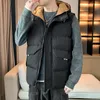 メンズベスト冬の温かいフード付きベストジッパーポケットジャケットトレンディブランドルーズウエストコートカジュアルダウンコットン衣類b34