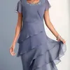 Abiti da festa Abito tubino in chiffon Midi a strati Girocollo Manica corta Tinta unita Vestibilità ampia Vino Blu Verde Estate