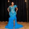 2024 Plus Size Aso Ebi Prom Dresses Asymmetrical Blue Sheer Neck Aftonklänningar Formella klänningar för svarta kvinnor veckade Tulle Birthday Dresses Engagementklänningar NL525