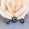 Türkisches Blaues Kit Böse Augen Anhänger Halsketten Ohrstecker Schmucksets 14 Karat Gelbgold Hexerei Party Geschenk Mode