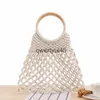 Totes andmade Women andbag Coon Rope Woven Mes Bag Summer ollow Straw Beac Bags Boemian Wooden andle Knied Female NetH24218