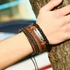 Charm Bracelets Gypsy Hippie Punk Tibetan Light Dark Brown Wood Beads Wrap Leather Cord Layers Stackable Bangle Set For Man 4pcs/set