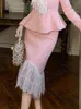 Юбки, модная осенне-зимняя женская твидовая кружевная юбка розового цвета, длинная тонкая женская шикарная элегантная юбка на бедрах с высокой талией, наряды