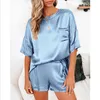 Women's Two Piece Pants Green Satin Silk Women Sets Pockets T Shirts Elastic Waist Shorts Suit Pajama Spring Summer 2 Set Homewear G2598 230222