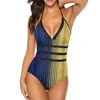 Women's Swimwear Yellow Blue Striped Swimsuit Sexy Two Tone One Piece Women Push Up Swimsuits Stylish Halter Bathing Suits