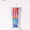 Tumblers Diamond Radiant Goddess Cup With 710ml Summer Cold Water Cup Tumbler With Straw Double Layer Plastic Durian Coffee Mug T240218