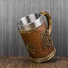 Tumblers Arbre de vie nordique Viking Mug Résine Acier inoxydable Coupe de bière Arbre celtique Halloween Cadeau 600 ml Rétro Médiéval Imitation bois T240218