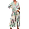 Robes décontractées pour femmes col en V boutonné bloc de couleur jupe longue boutonnée demi-patte mi-longue robe d'été à rayures sans manches