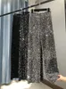 レディースファッションのトレンディなスパークリングゴールドパンツ背の高いウエストのワイダレッグされた韓国スタイルのリラクゼーション240201