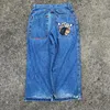 Damesjeans Hip Hop Punk Geborduurd Dobbelsteenpatroon Blauw Voor Dames Heren Y2k Baggy Vintage Denim Broek Los Veelzijdig Streetwear