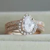 Clássico 2 pçs casal anel de casamento conjunto para mulheres brilhando oval zircônia anel de luxo presentes festa de noivado cor ouro rosa