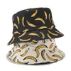 Berets Doube Side Bucket Hat Men Women Summer Cap Banana Print Bob Unisex Hip Hop Fishing Fisherman