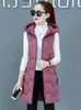 Gilets Femmes Gilet Femmes Vert Long Slim Petites Filles Gilet Sans Manches 2024 Automne Hiver Étudiants Coréens Bleu À Capuchon En Coton Manteaux