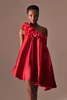 Casual Dresses One Shoulder Red Satin Dress Mini Fluffy Woman Clothes Asymmetrical Floral A-Line Party Gown Elegant Sleeve Cocktail