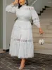 Plus Size Dresses Chic Women Hollow Out Lace Splice Mock Neck Long Sleeve A Line Midi Dress With Belt Casual Party Club Outfits