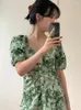 Sukienki imprezowe Summer Elegancka Krótka koszula zielona roślina prasowana plisowa mini sundress single piersi