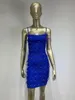 Casual Dresses 2024 Bandage Dress For Women Elegant Blue Spaghetti Strap Slash Neck Diamonds Furry Bodycon Mini Evening Party