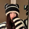 Berets Cute Bear Ears Plush Hat Women's Autumn And Winter Black White Striped Color Matching Big Head Knitted Skull Beanie Hats