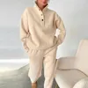 Conjuntos de corrida de cor sólida agasalho feminino outono inverno jogging sweatsuit conjunto com gola botões decote tops cintura elástica para ginásio