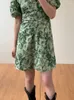 Sukienki imprezowe Summer Elegancka Krótka koszula zielona roślina prasowana plisowa mini sundress single piersi