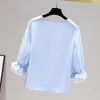 Blusas femininas topo verão 2024 malha costura lanterna manga em torno do pescoço cor sólida chiffon camisa simples moda blusa