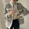 Jackets Wool Blends Women Houndstooth Lambwool Cropped Jacket Autumn Winter Tassel Patchwork Vintage Outwear All-Match Single Breasted Tweed Coat S to XL