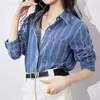 Blouses Femmes Automne Femmes Stripe Chemise À Manches Longues Vintage Col Rabattu Poche Femme Chemisier Coréen Lâche Long Denim Casual Top