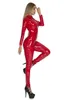 Mulheres Preto Vermelho Sexy Brilhante Patente Couro PU Zíper Virilha Aberta Macacão Nightclub Olhar Molhado Bodysuit S-5XL 240202