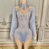 Stage Wear Sparkly Rhinestones Long Sleeve Fringes Bodysuit Women Sexy Mesh Performance Dance Costume Nightclub Singer Dancer