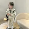 Korean Style New Spring Kid Girl Sets Polo Collar Grey Long sleeved Sweatshirt+Casual Pants Childrens Set 240218