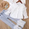 Flickor Set Spring and Autumn Childrens New Lace Long Sleeved Shirt and Pants Two Piece Set Youth Girls Jeans Set 3 5 8 10 13y 240218