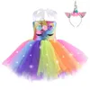 Girl Unicorn Dresses for Girls Tutu Princess Party with LED Lights Flower Birthday Cosplay Costume Clothing 240126