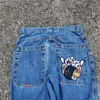 Jeans pour femmes Hip Hop Punk Brodé Motif de dés Bleu pour femmes Hommes Y2k Baggy Vintage Denim Pantalon Lâche Polyvalent Streetwear