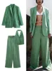 Zbza Womens Suit Vest Wide Leg Pants Three Piece Set Fashion Blazer Y2K Sexig Streetwear Vintage Green 240127