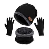 Berets 3Pcs Winter Beanie Hat For Men Knitted Cap Women Thick Wool Neck Scarf Balaclava Mask Bonnet Gloves Set