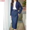 Womens Blazer and Skirts Suit Female Winter High End Shiny Thick Fabric Office Clothes Ladies Jacket Long 2 Pcs 240202