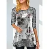 Fashion Autumnwinter tryckt rund hals tshirt 2023 plus storlek kvinnors eleganta och långärmade panel topp S5XL 240129