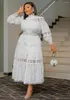 Plus Size Dresses Chic Women Hollow Out Lace Splice Mock Neck Long Sleeve A Line Midi Dress With Belt Casual Party Club Outfits