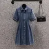 Festklänningar MISSLYMI L-4XL Big Size 2024 Summer Women Vintage Denim Dress Turn-Down Collar Kort ärm samla midja a-line vestidos