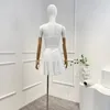 Werkjurken Nieuwste hoge kwaliteit wit borduurwerk uitgeholde stroptopjes en a-lijn gesplitste rok dames tweedelige set