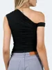 Kvinntankar Kvinnor Slim Tank Tops En axel utanför ärmlös Ruched Tight Fited Asymmetrical Neck Solid Color Crop Tee Vest
