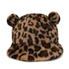 Basker vinter varm hatt kvinnor leopard faux päls hink fiskare mössa med öron spädbarn panama för flickor