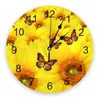 壁時計黄色のヒマワリ蝶の花植物装飾ラウンドクロックカスタムデザイン非刻々とサイレントベッドルーム