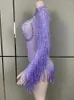 Palco desgaste em estoque roxo brilhante strass macacão sexy malha transparente borla bodysuit terno desempenho nightclub mostrar outfit