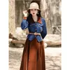 TwoPiece Matching Sets for Women Velvet Skirt and Denim Coats Cropped Top Suit Casual Outfits Fall 240202