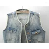 Gilet da donna Vintage azzurro sfilacciato O Collo Gilet di jeans Gilet da donna Giacca senza maniche da cowboy Primavera Autunno Jeans corti larghi Donna